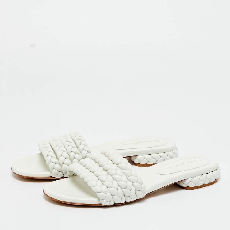 Pre Owned Gianvito Rossi White Braided Leather Flat Slides Size 38.5