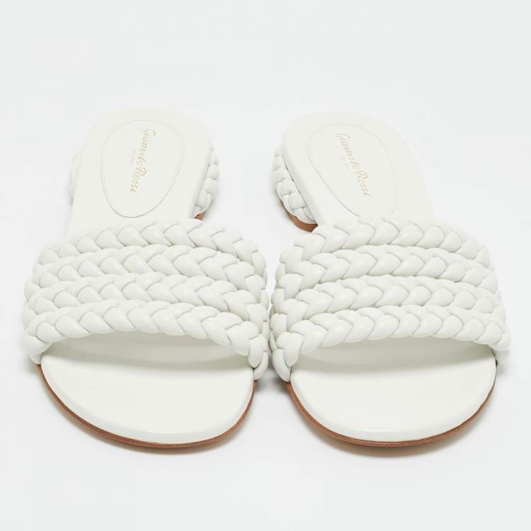Pre Owned Gianvito Rossi White Braided Leather Flat Slides Size 38.5