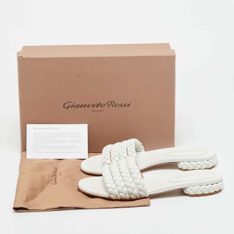 Pre Owned Gianvito Rossi White Braided Leather Flat Slides Size 38.5