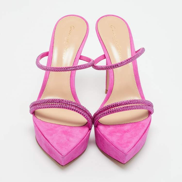 Pre Owned Gianvito Rossi Fuchsia Suede Crystal Embellished Cannes Sandals Size 38.5