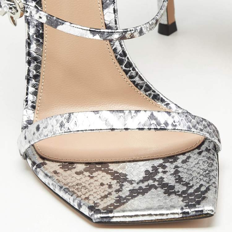 Pre Owned Gianvito Rossi Silver Snakeskin Embossed Leather Ribbon Uptown Sandals Size 38