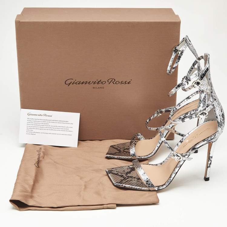 Pre Owned Gianvito Rossi Silver Snakeskin Embossed Leather Ribbon Uptown Sandals Size 38