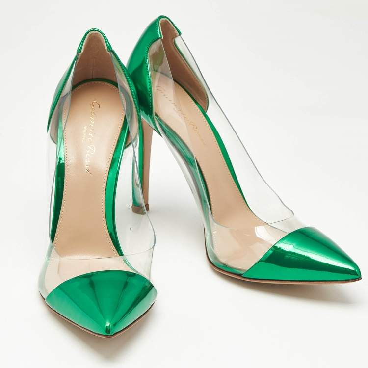 Pre Owned Gianvito Rossi Metallic Green Leather and PVC Plexi Pumps Size 38.5