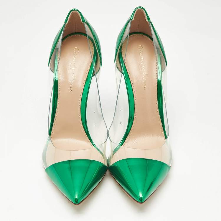 Pre Owned Gianvito Rossi Metallic Green Leather and PVC Plexi Pumps Size 38.5