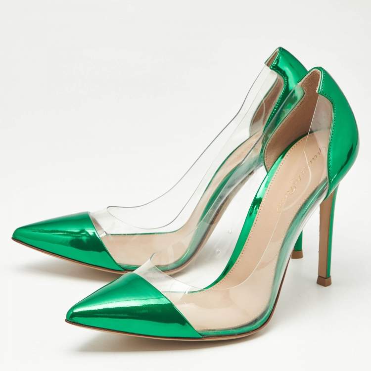 Pre Owned Gianvito Rossi Metallic Green Leather and PVC Plexi Pumps Size 38.5