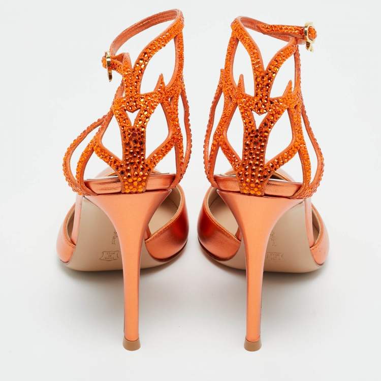 Pre Owned Gianvito Rossi Metallic Orange Leather Fleur Sandals Size 37