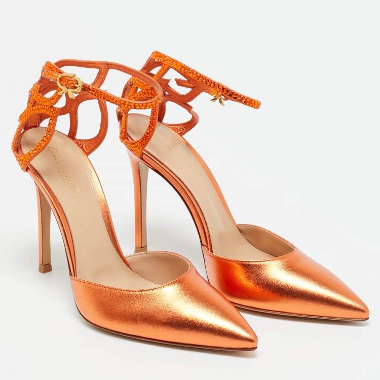 Pre Owned Gianvito Rossi Metallic Orange Leather Fleur Sandals Size 37