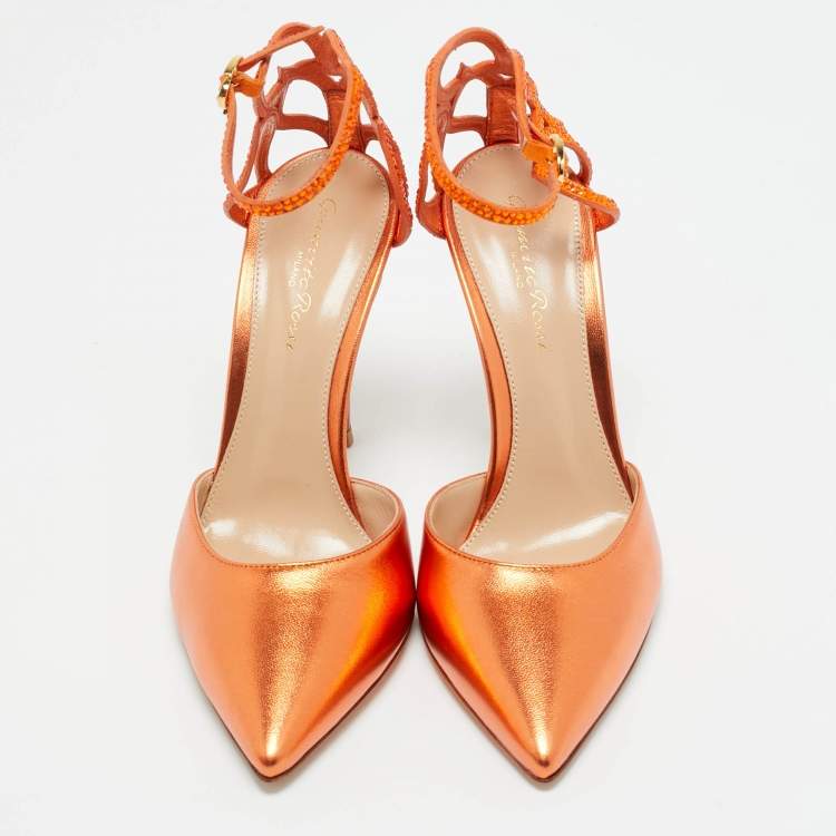 Pre Owned Gianvito Rossi Metallic Orange Leather Fleur Sandals Size 37