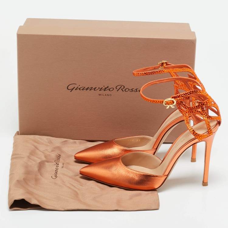 Pre Owned Gianvito Rossi Metallic Orange Leather Fleur Sandals Size 37