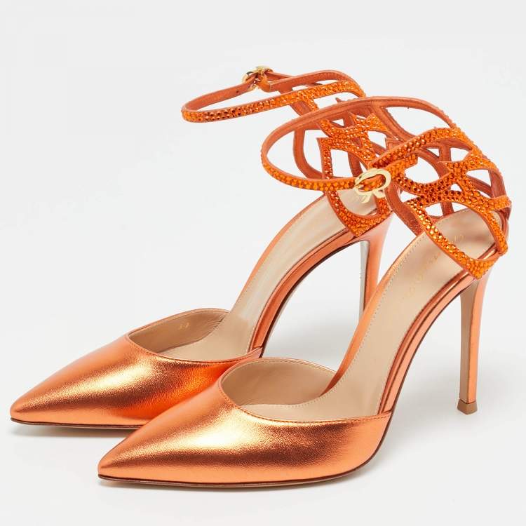 Pre Owned Gianvito Rossi Metallic Orange Leather Fleur Sandals Size 37