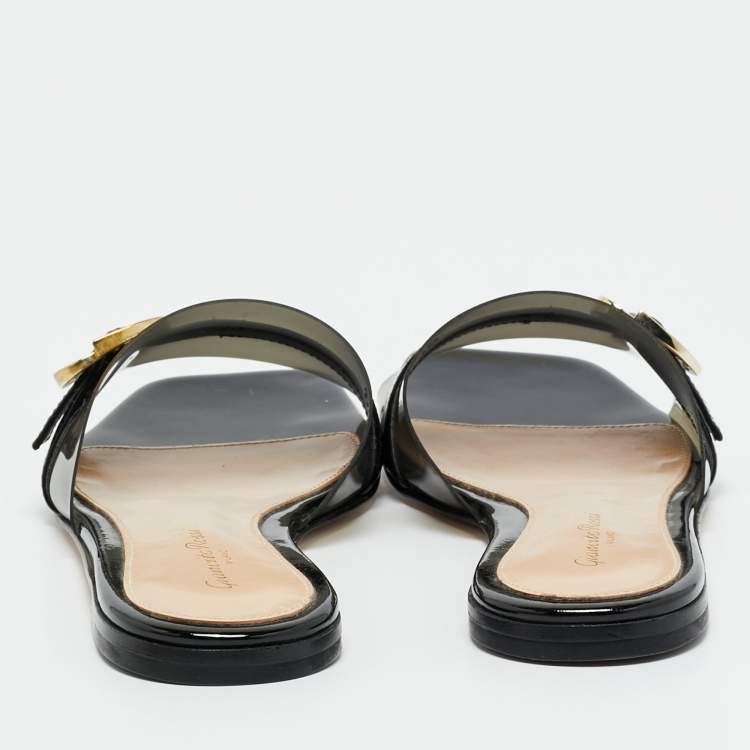 مملوكة مسبقًا حذاء سلايد جيانفيتو روسي جيميني جلد لامع وبي في سي أسود مقاس 41