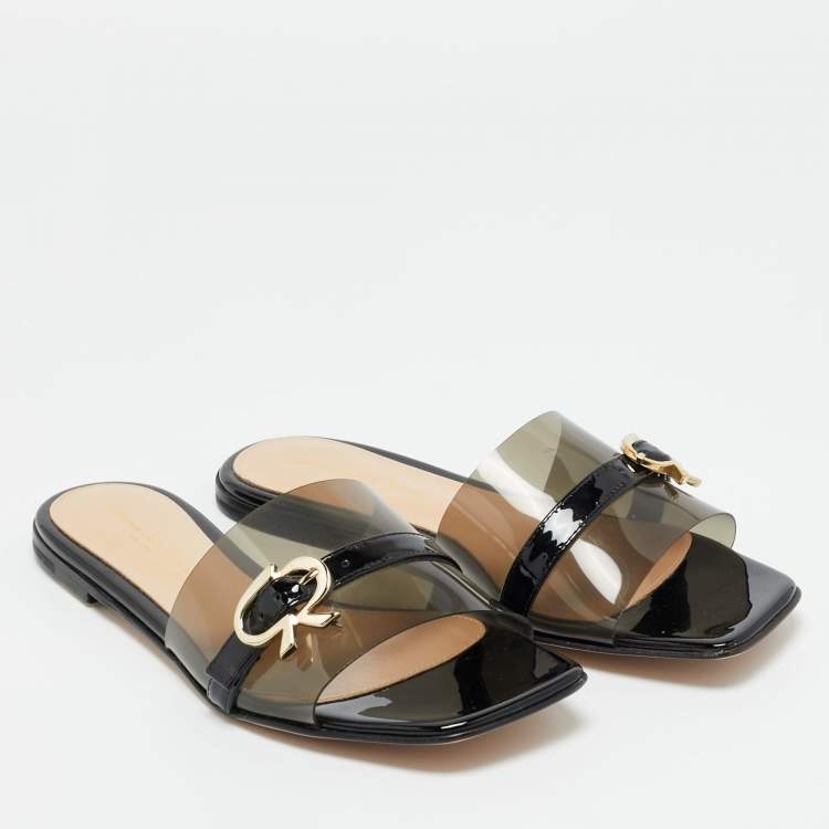 مملوكة مسبقًا حذاء سلايد جيانفيتو روسي جيميني جلد لامع وبي في سي أسود مقاس 41