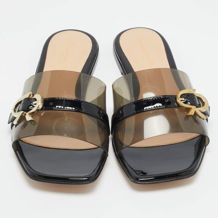 مملوكة مسبقًا حذاء سلايد جيانفيتو روسي جيميني جلد لامع وبي في سي أسود مقاس 41