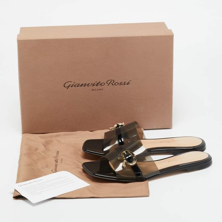 مملوكة مسبقًا حذاء سلايد جيانفيتو روسي جيميني جلد لامع وبي في سي أسود مقاس 41