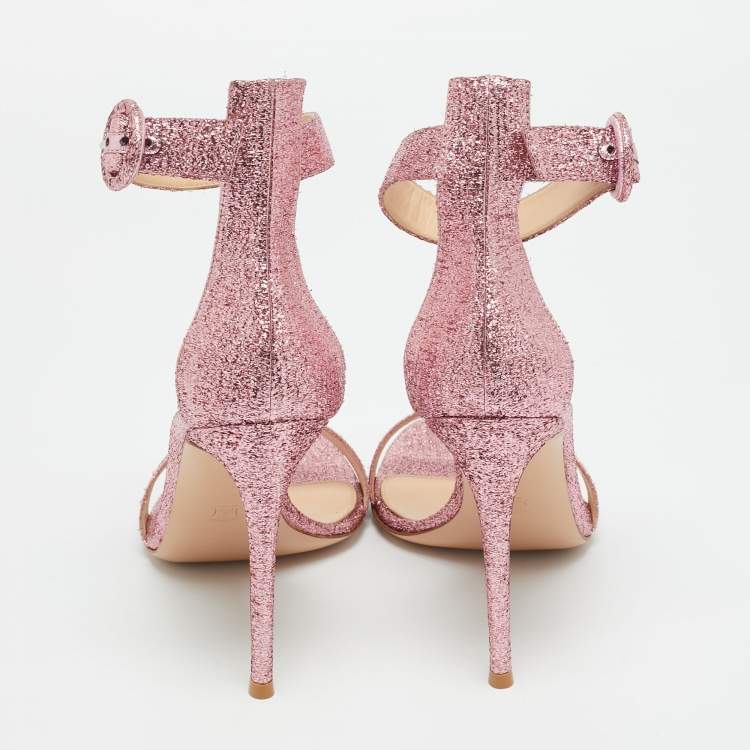 Pre Owned Gianvito Rossi Pink Lamé Fabric Portofino Ankle Strap Sandals Size 41