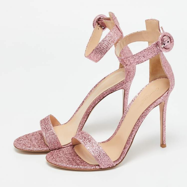 Pre Owned Gianvito Rossi Pink Lamé Fabric Portofino Ankle Strap Sandals Size 41