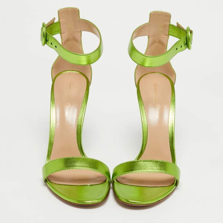 مملوكة مسبقًا Gianvito Rossi Metallic Green Leather Portofino Ankle Strap Sandals Size 39