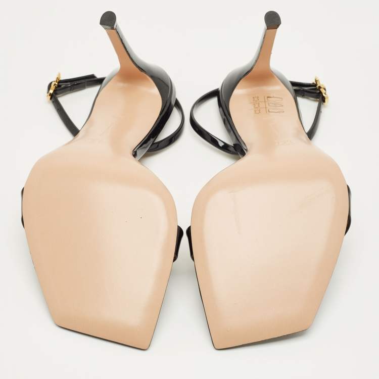 Pre Owned Gianvito Rossi Black Patent Leather Ribbon Stiletto Ankle Strap Sandals Size 38.5