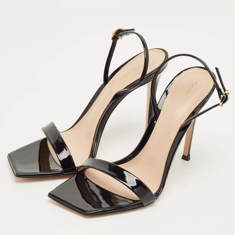 Pre Owned Gianvito Rossi Black Patent Leather Ribbon Stiletto Ankle Strap Sandals Size 38.5