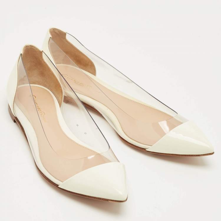 Pre Owned Gianvito Rossi White Patent Leather and PVC Plexi Ballet Flats Size 36.5