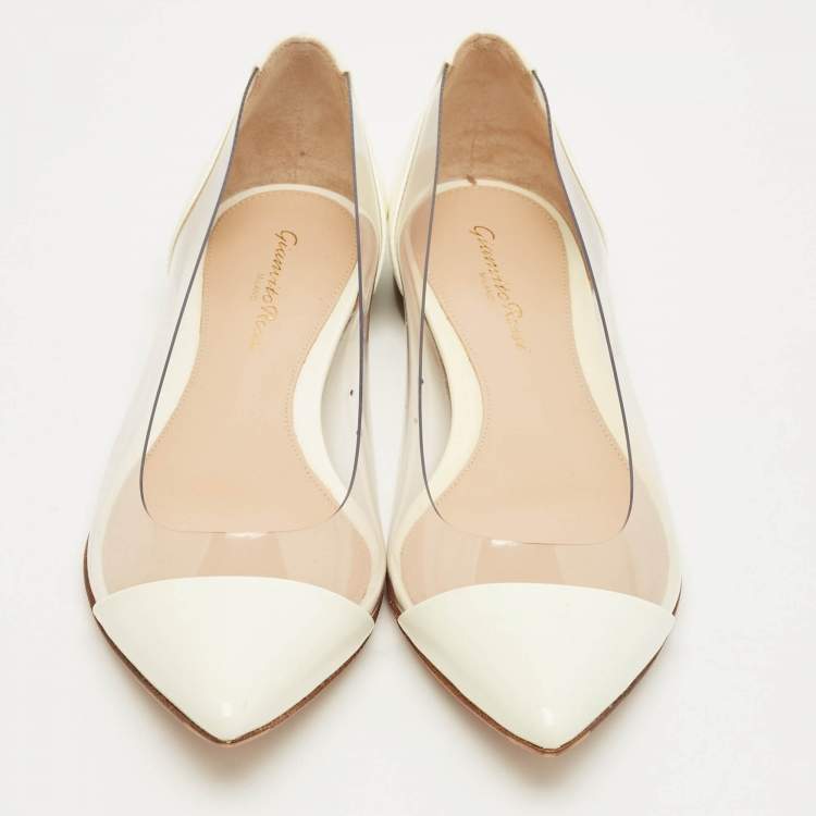 Pre Owned Gianvito Rossi White Patent Leather and PVC Plexi Ballet Flats Size 36.5