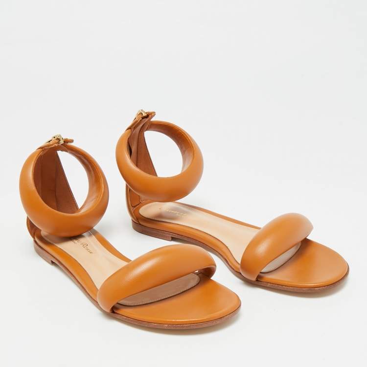 Pre Owned Gianvito Rossi Bijoux  Brown Leather Ankle Strap Flats Size 35.5