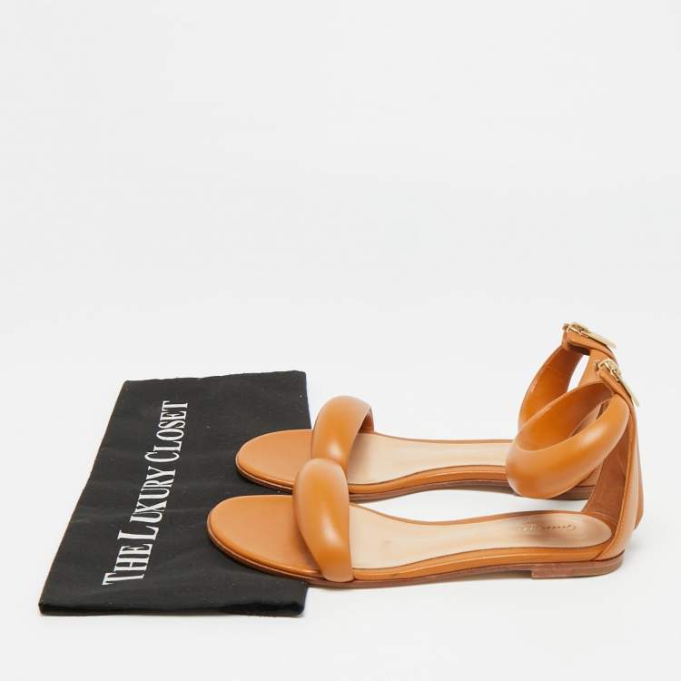 Pre Owned Gianvito Rossi Bijoux  Brown Leather Ankle Strap Flats Size 35.5