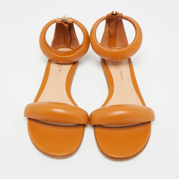 Pre Owned Gianvito Rossi Bijoux  Brown Leather Ankle Strap Flats Size 35.5