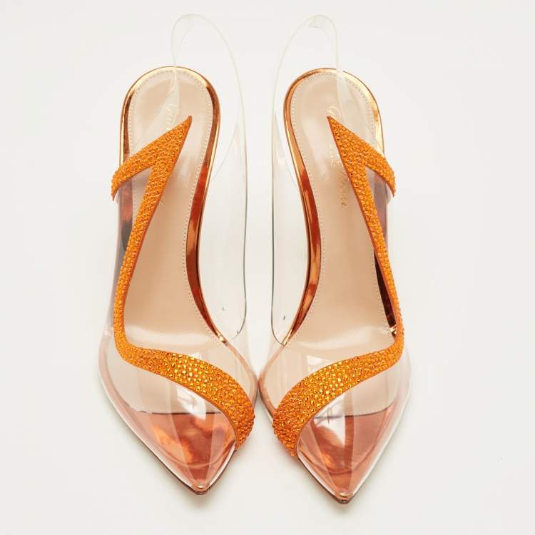 Pre Owned Gianvito Rossi Hortensia Size 39 Transparent/Orange PVC and Suede Pumps