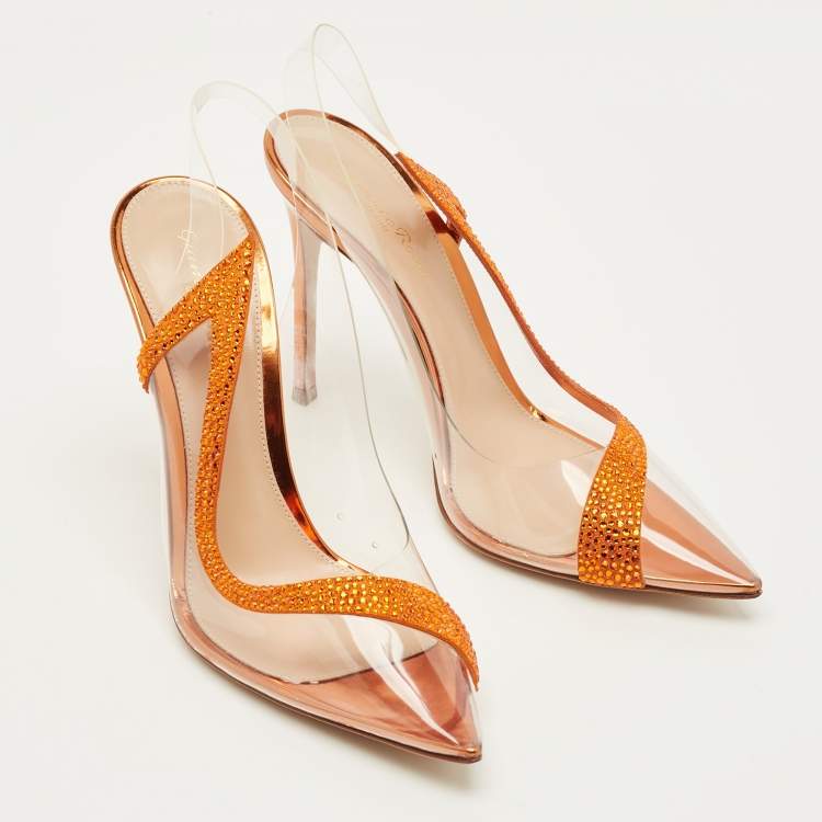 Pre Owned Gianvito Rossi Hortensia Size 39 Transparent/Orange PVC and Suede Pumps