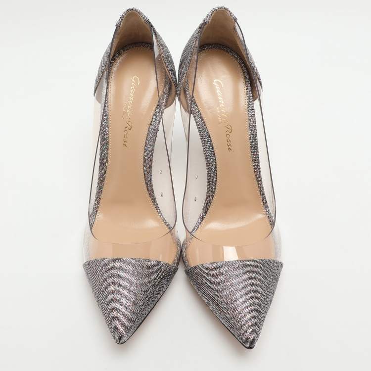 Pre Owned Gianvito Rossi Plexi Size 36.5 Metallic Lurex Fabric Pumps