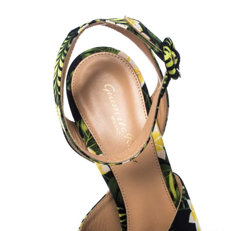 Pre Owned Gianvito Rossi Multicolor Floral Satin Platform Ankle Strap Sandals Size 39