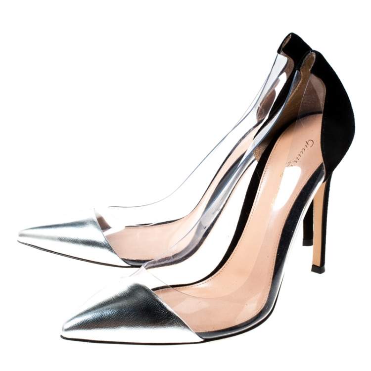 Pre Owned Gianvito Rossi Metallic Silver And Black Suede PVC Plexi Pointed Toe Pumps Size 39