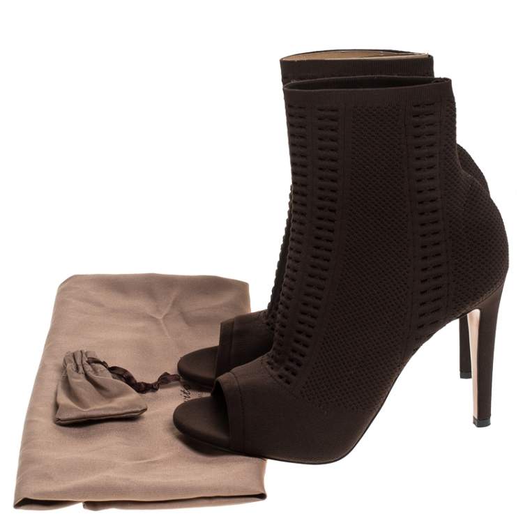 Pre Owned Gianvito Rossi Brown Perforated Stretch Knit Vires Boots Size 39.5