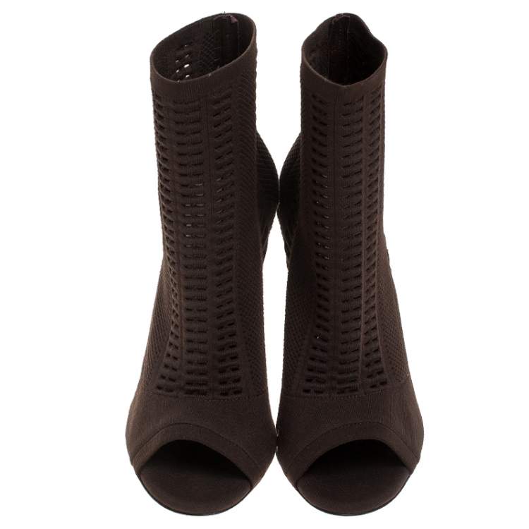 Pre Owned Gianvito Rossi Brown Perforated Stretch Knit Vires Boots Size 39.5
