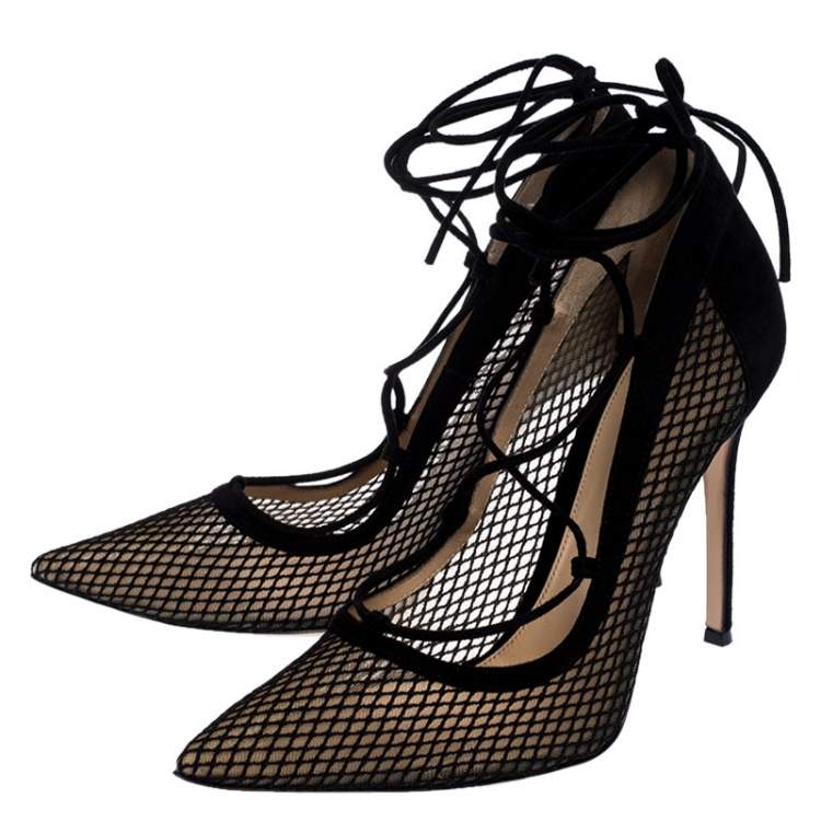 Pre Owned Gianvito Rossi Black Suede And Mesh Pointed Toe Ankle Wrap Pumps Size 40
