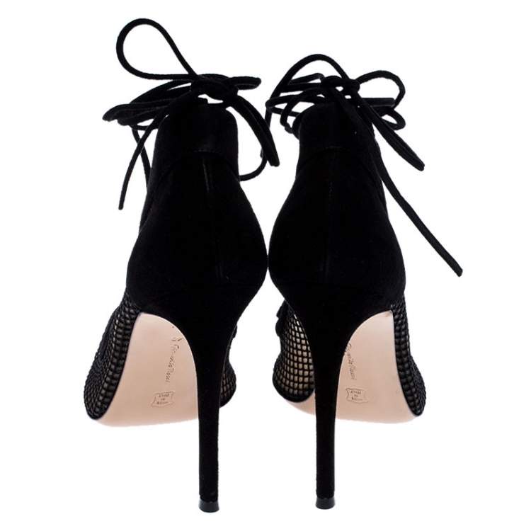 Pre Owned Gianvito Rossi Black Suede And Mesh Pointed Toe Ankle Wrap Pumps Size 40