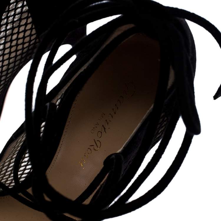 Pre Owned Gianvito Rossi Black Suede And Mesh Pointed Toe Ankle Wrap Pumps Size 40