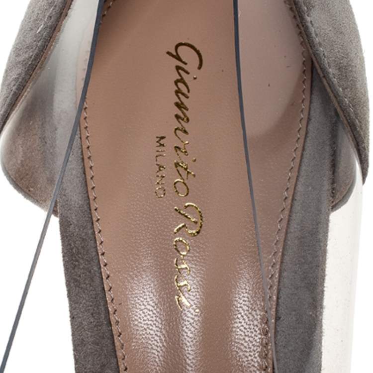 Pre Owned Gianvito Rossi Grey Suede And PVC Plexi Pointed Toe Pumps Size 40.5