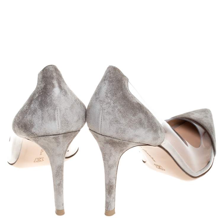 Pre Owned Gianvito Rossi Grey Suede And PVC Plexi Pointed Toe Pumps Size 40.5