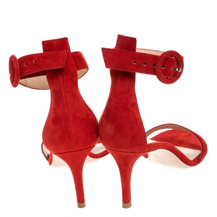 Pre Owned Gianvito Rossi Red Suede Portofino Ankle Strap Sandals Size 37