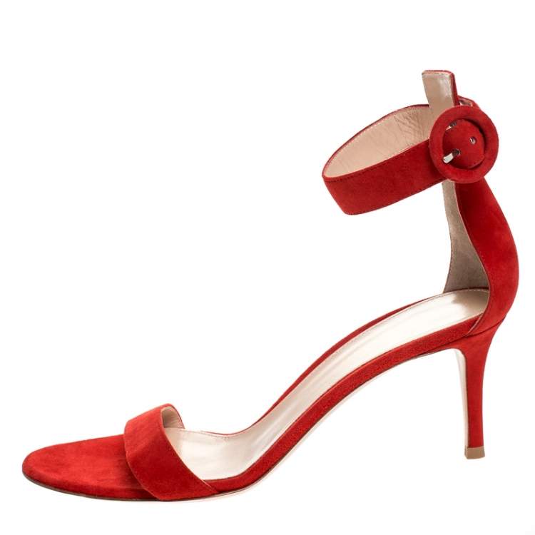 Pre Owned Gianvito Rossi Red Suede Portofino Ankle Strap Sandals Size 37