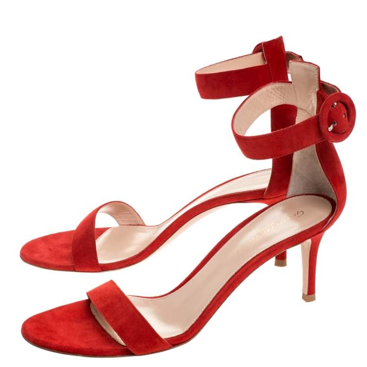 Pre Owned Gianvito Rossi Red Suede Portofino Ankle Strap Sandals Size 37