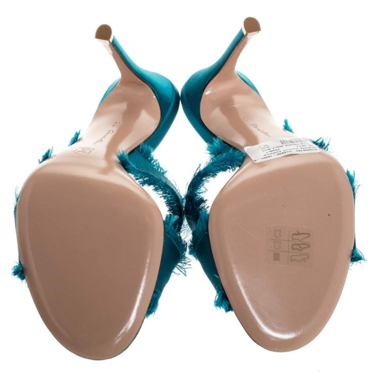 Pre Owned Gianvito Rossi Blue Frayed Satin Open Toe Slides Size 36.5