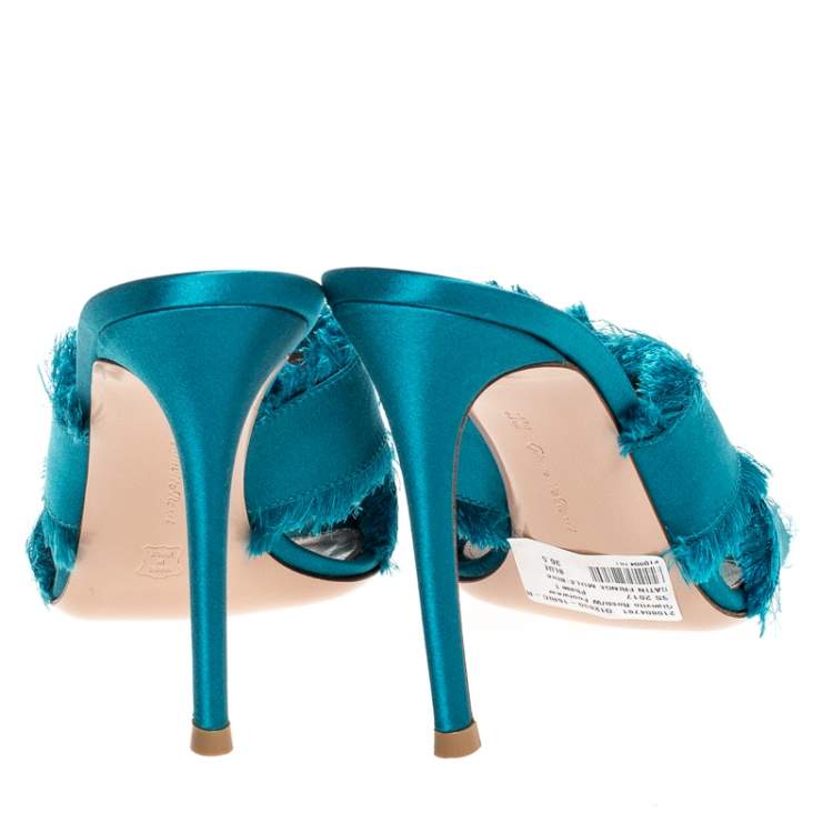 Pre Owned Gianvito Rossi Blue Frayed Satin Open Toe Slides Size 36.5