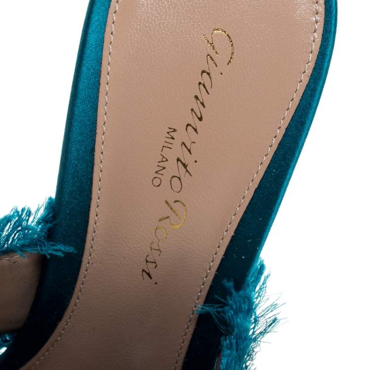 Pre Owned Gianvito Rossi Blue Frayed Satin Open Toe Slides Size 36.5