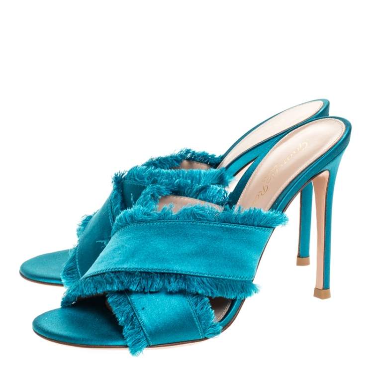 Pre Owned Gianvito Rossi Blue Frayed Satin Open Toe Slides Size 36.5