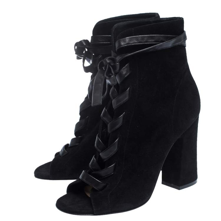 Pre Owned Gianvito Rossi Black Suede Leather Lace Up Open Toe Ankle Booties Size 40