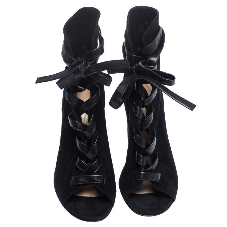 Pre Owned Gianvito Rossi Black Suede Leather Lace Up Open Toe Ankle Booties Size 40