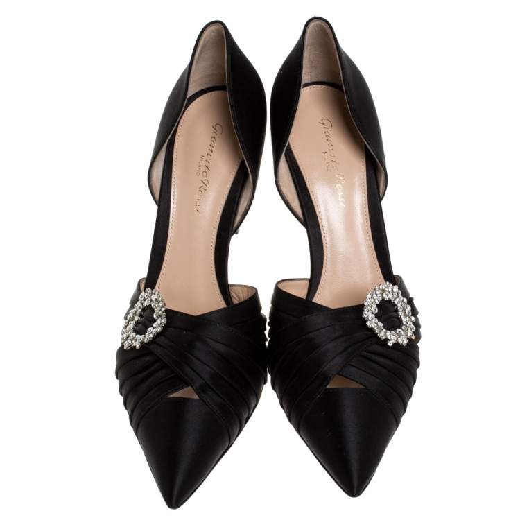 Pre Owned Gianvito Rossi Black Pleated Satin Crystal Embellished Pointed Toe Pumps Size 39.5